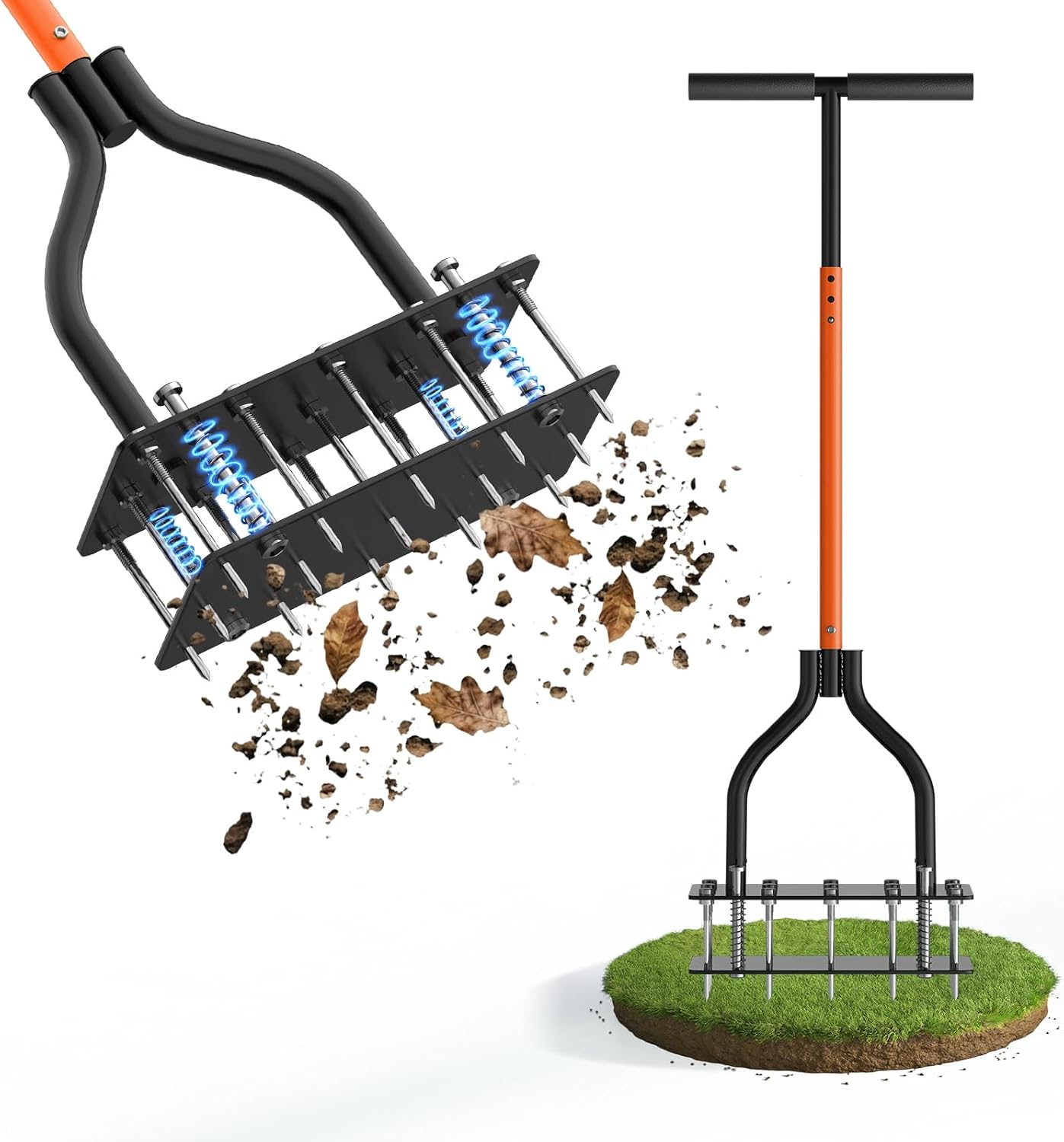 KXGBARN Lawn Aerator Tool with Dual-Layer Self-Cleaning Spikes, 15 Spike Heavy Duty Manual Lawn Aerator for Compact Soil, Anti-Clog Grass Aerator for Yard, Garden & Lawn Care